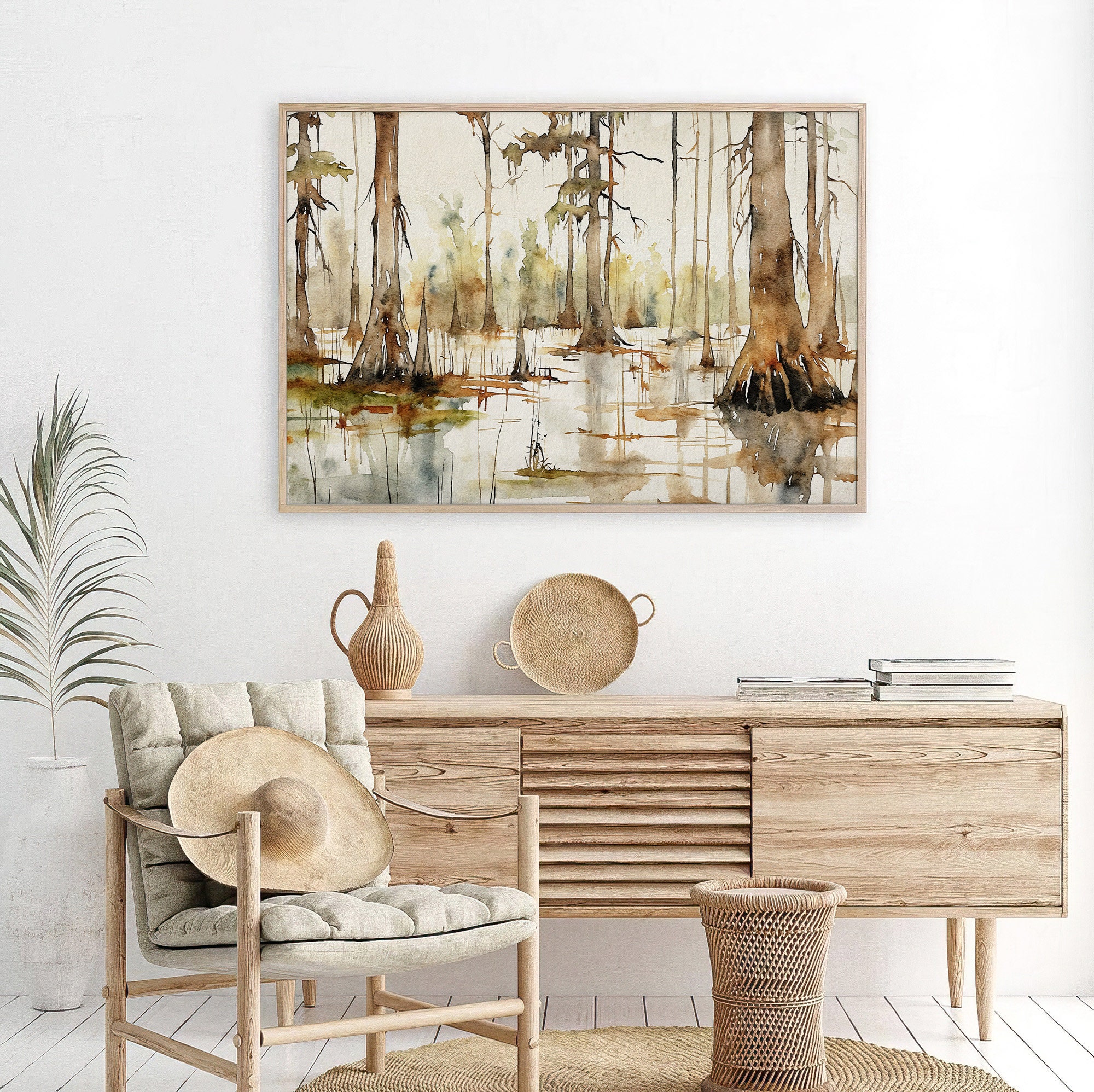 アメリカのニューオリンズで購入　手描きの石版 ルイジアナの風景、マーティン湖の絵画、沼の巨人、水彩画、ニュー