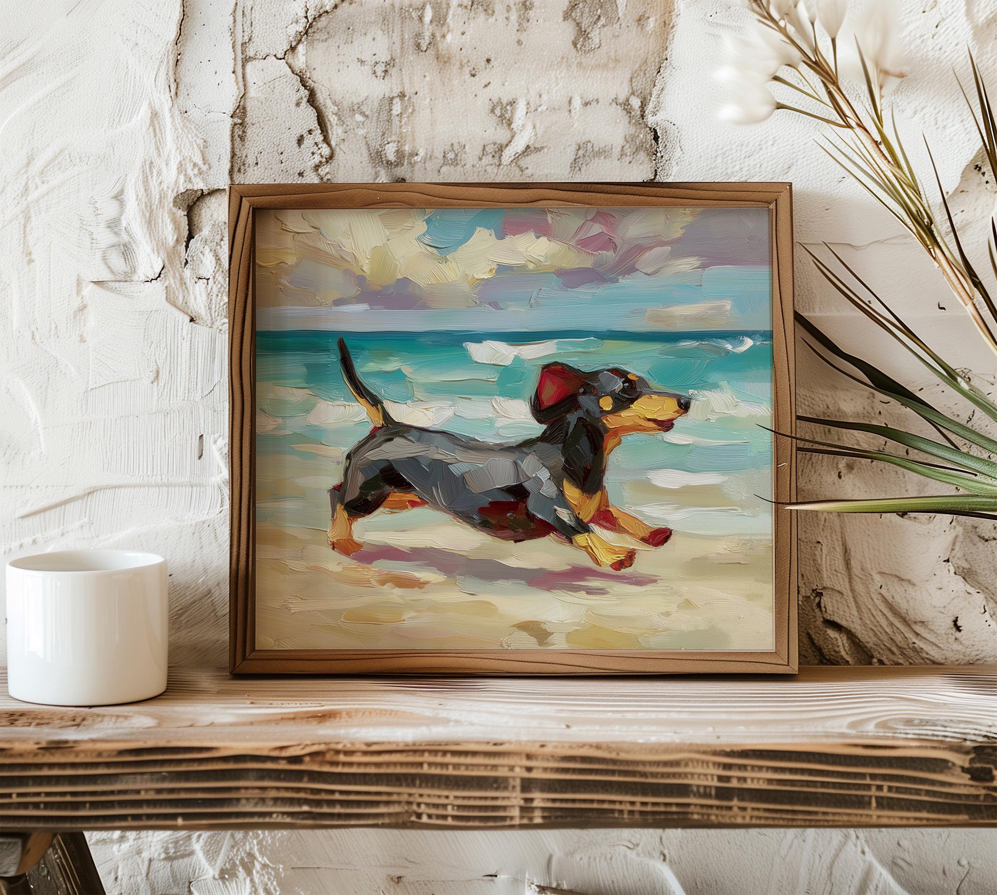 ダックスフントビーチの油絵プリント、黒とタンの犬の絵画、ペットの壁
