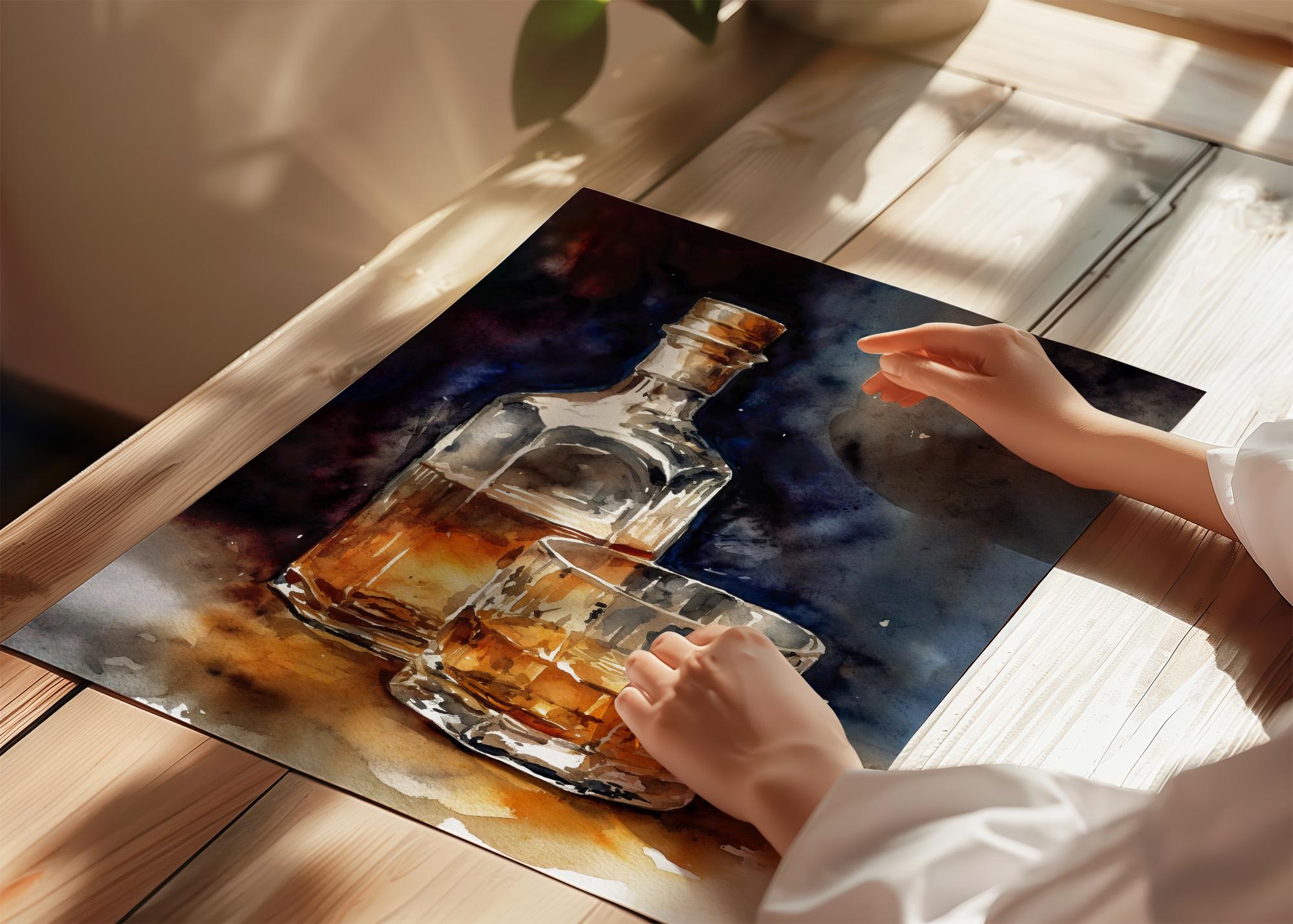 ウイスキーボトルの水彩画 昔ながらのドリンクポスター アルコール