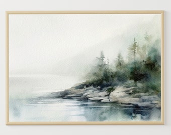 Tahoe Lake Painting Pine Trees Watercolor California Landscape Mountain Lake Art Print Nature Wall Art