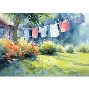 Puede incluir: Pintura a la acuarela de ropa tendida en un tendedero en un patio soleado. La ropa es de varios colores, incluyendo azul, rojo y blanco. La hierba verde exuberante y el follaje rodean la escena, con una pequeña casa visible en el fondo.