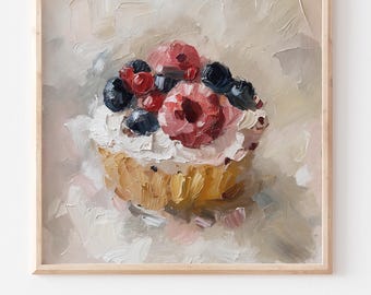 Berries Cupcake Oil Painting Dessert Artwork Kitchen Wall Art Food Poster Neutral Color Art PRINT from an original oil painting