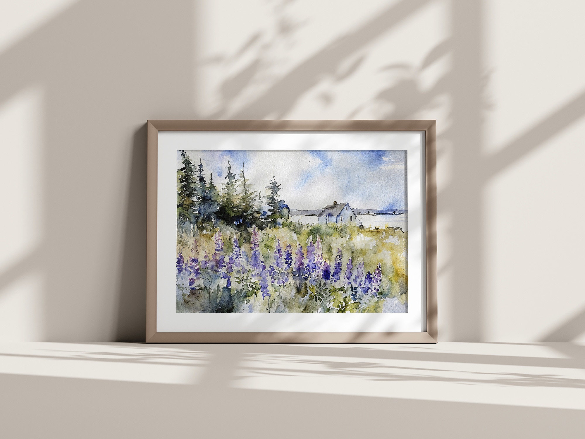 メイン海岸の水彩画アートプリント：ルピナスの花、海岸の風景 - Etsy 日本