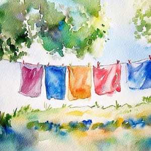 Laundry Day Watercolor Painting Summer Landscape Clothesline Poster Wash Day Art Print Cottage Wall Art