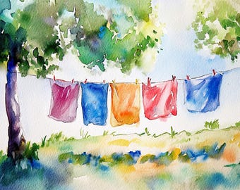 Pintura de acuarela para el día de la colada, paisaje de verano, póster para tender la ropa, impresión artística del día de la colada, arte de pared de cabaña