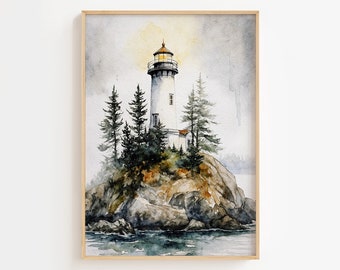 Lighthouse Watercolor Painting Great Lake Art Print Canadian Landscape Pine Trees Wall Art