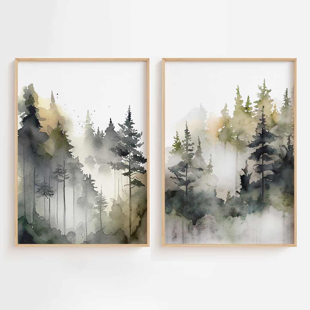 Foggy Pine Forest Set of 2 Watercolor Prints Evergreen Trees Painting ...