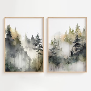 Foggy Pine Forest Set 2 Aquarell Drucke Immergrüne Bäume Malerei Neblige Waldlandschaft
