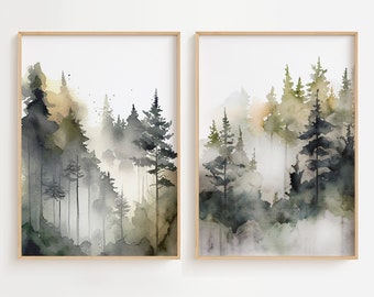 Foggy Pine Forest Set Of 2 Watercolor Prints Evergreen Trees Painting Misty Forest Landscape
