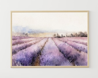 Peinture champ de lavande Provence aquarelle prairie brumeuse impression d'art paysage floral fleurs sauvages art mural