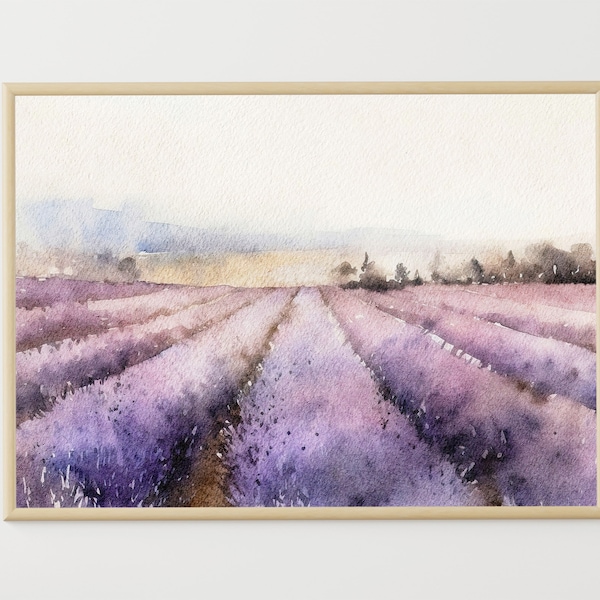 Lavender Field Painting Provence Watercolor Foggy Meadow Art Print Floral Landscape Wildflowers Wall Art