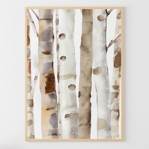 Pintura de acuarela de abedules, bosque, abedules, impresión artística, obra de arte neutra, arte de pared beige
