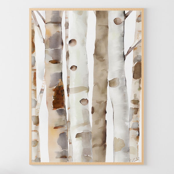 Birch Trees Watercolor Forest Painting Birches Art Print Neutral Artwork Beige Wall Art