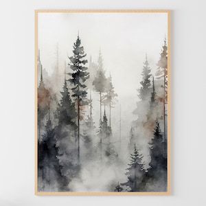 Pinienwald Aquarell Nebliger Wald Malerei Neblige Landschaft Kunstdruck Pinien Bäume Poster Beruhigende Wandkunst