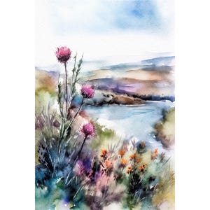 Thistle Watercolor Painting Scottish Landscape Scotland Poster Isle of Skye Art Print Scottish Flowers Wall Art