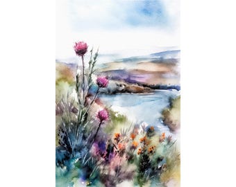 アザミの水彩画アートプリント 野生の花の絵画 スコットランドの風景 スカイ島のアートワーク