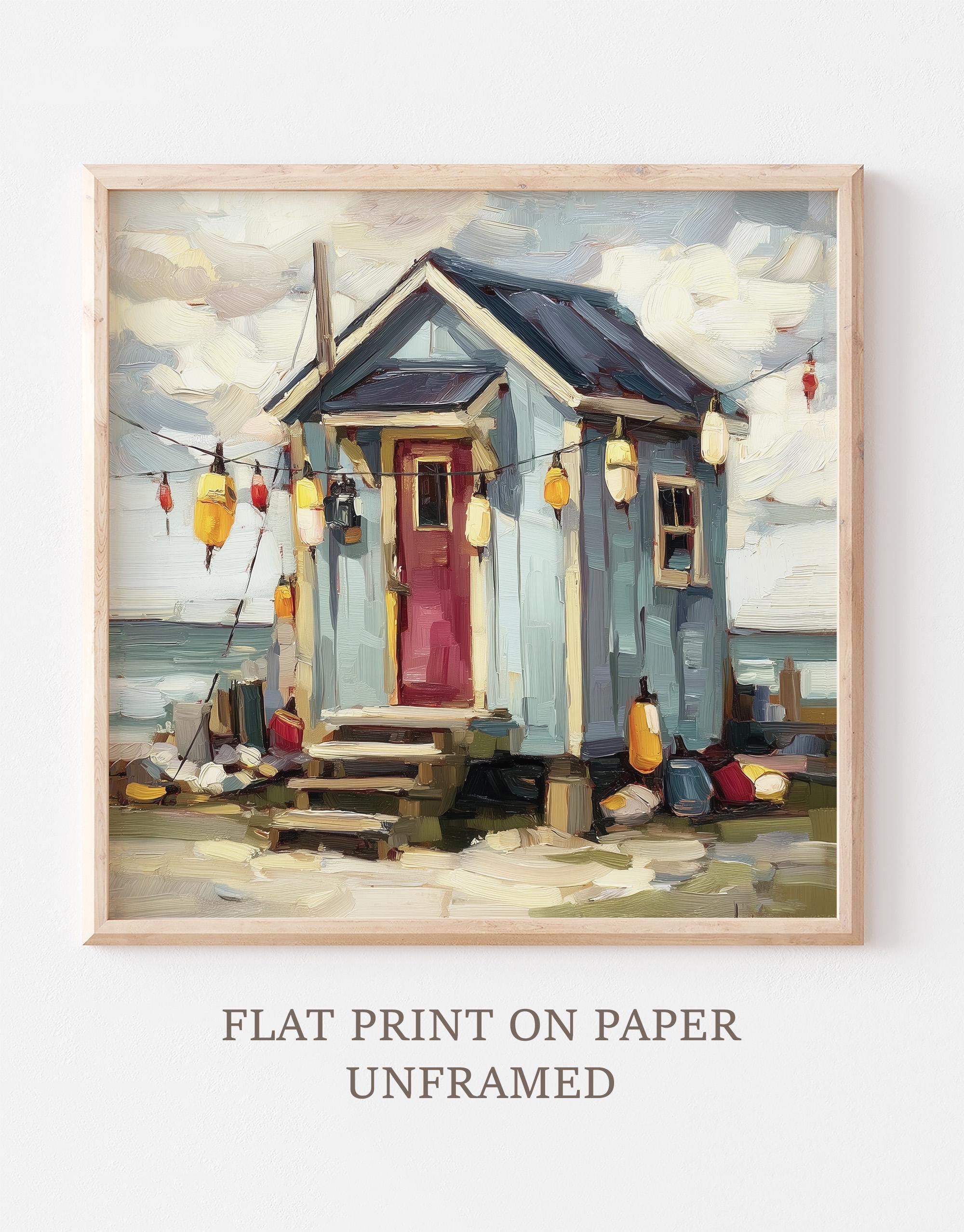 フィッシングシャック 油絵 ニューイングランド海岸 絵画 カラフルな 
