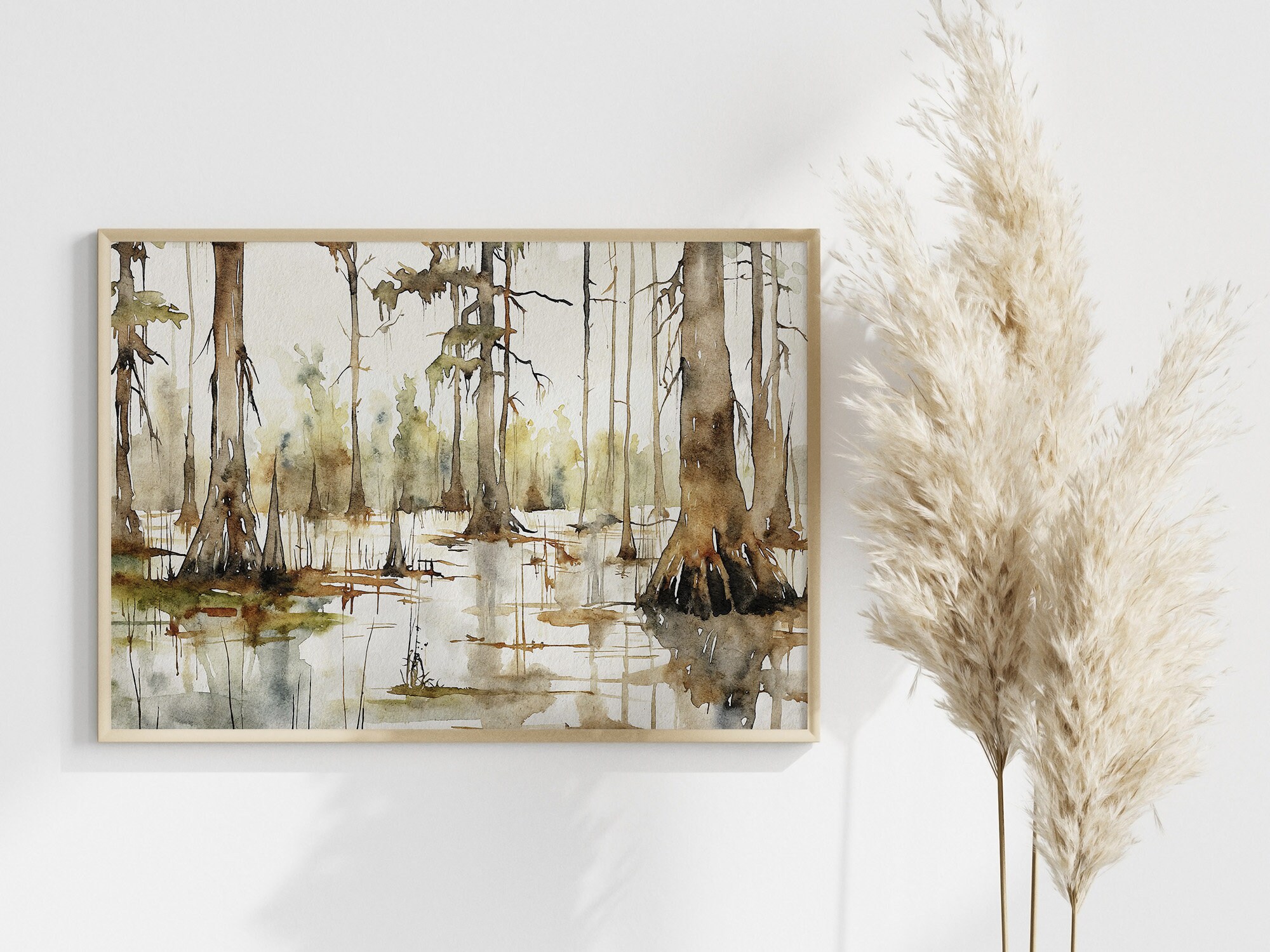 アメリカのニューオリンズで購入　手描きの石版 ルイジアナの風景、マーティン湖の絵画、沼の巨人、水彩画、ニュー