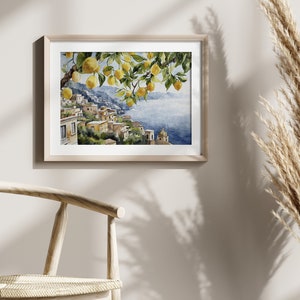 May include: Watercolor painting of a lemon tree with ripe yellow lemons hanging from the branches. The tree is in the foreground, with a view of a coastal town and the sea in the background.