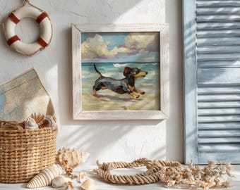 ダックスフントビーチの油絵プリント、黒とタンの犬の絵画、ペットの壁