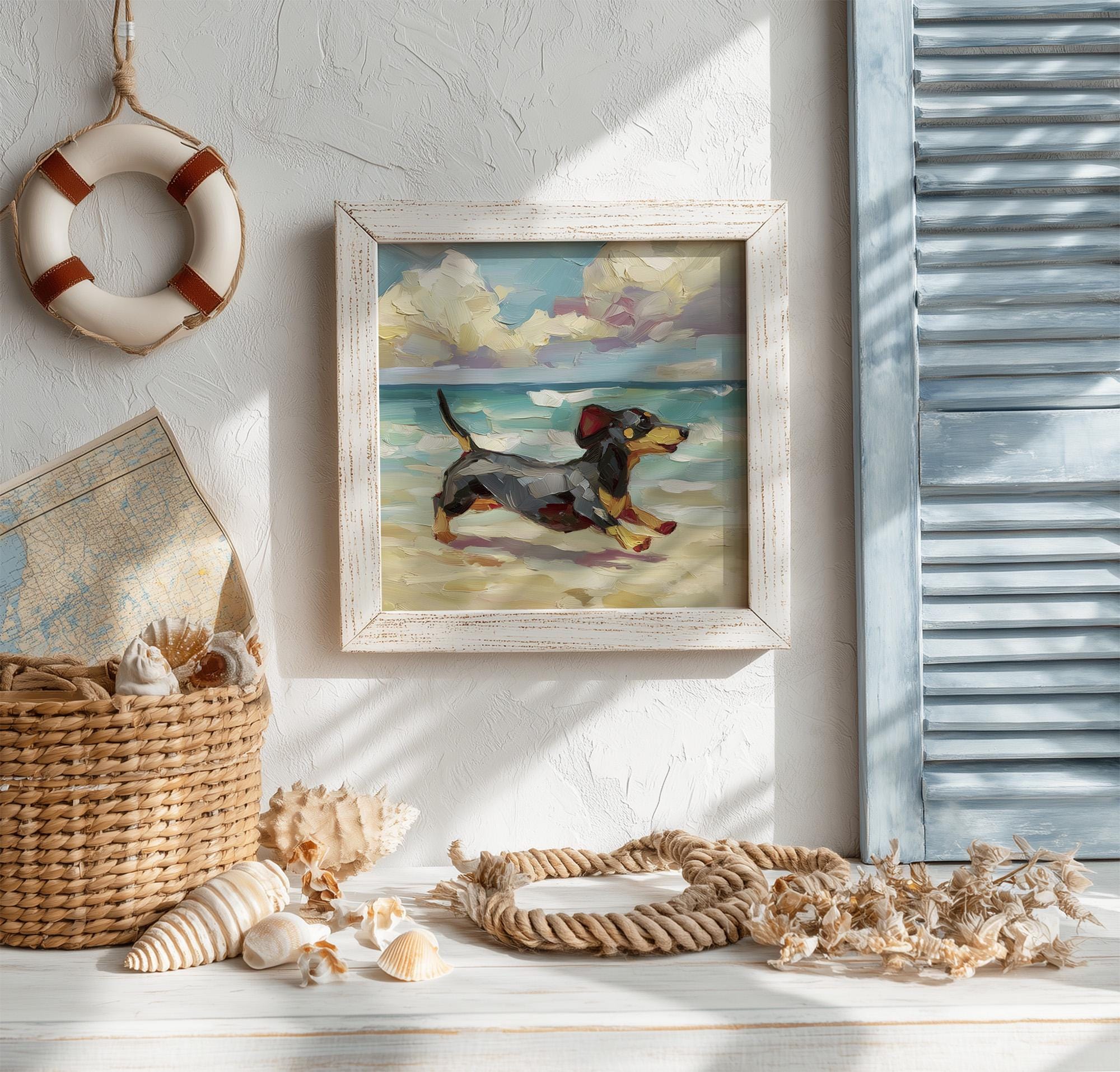 ダックスフントビーチの油絵プリント、黒とタンの犬の絵画、ペットの壁