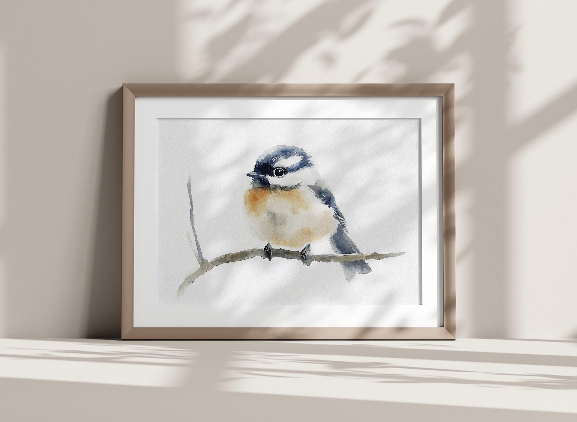シカディー水彩画：枝に止まる鳥、ミニマルな春の装飾 - Etsy 日本