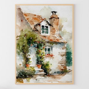 May include: Watercolor painting of a small cottage with a brown roof, white walls, and green vines growing up the side. The cottage has two windows and a chimney. The painting is done in a soft, muted palette.