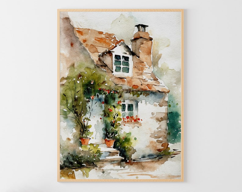 May include: Watercolor painting of a small cottage with a brown roof, white walls, and green vines growing up the side. The cottage has two windows and a chimney. The painting is done in a soft, muted palette.