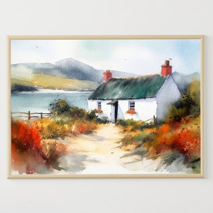 Scottish Cottage Painting Glen Coe Watercolor Art Print Scottish Highlands Landscape Farmhouse Wall Art