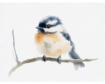 Chickadee Watercolor Print: Bird on Branch, Minimalist Spring Decor