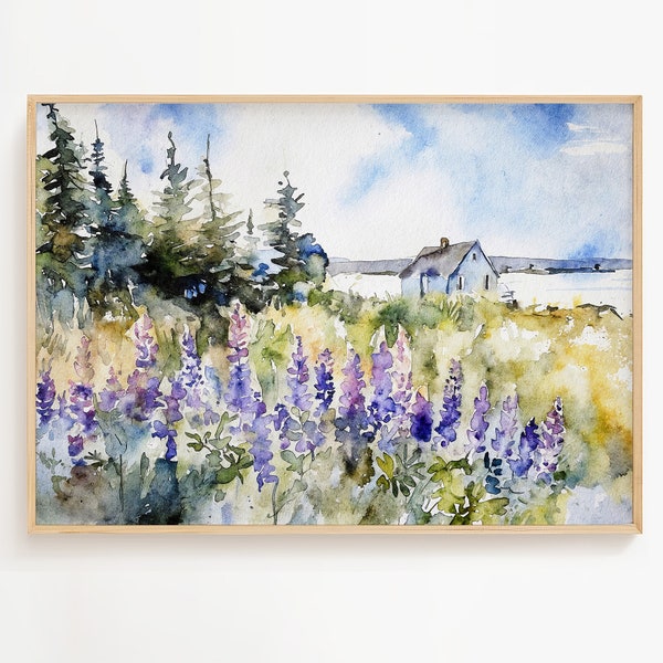 Impression d'art aquarelle côte du Maine Fleurs de lupin, peinture Art mural côtier paysage du Maine