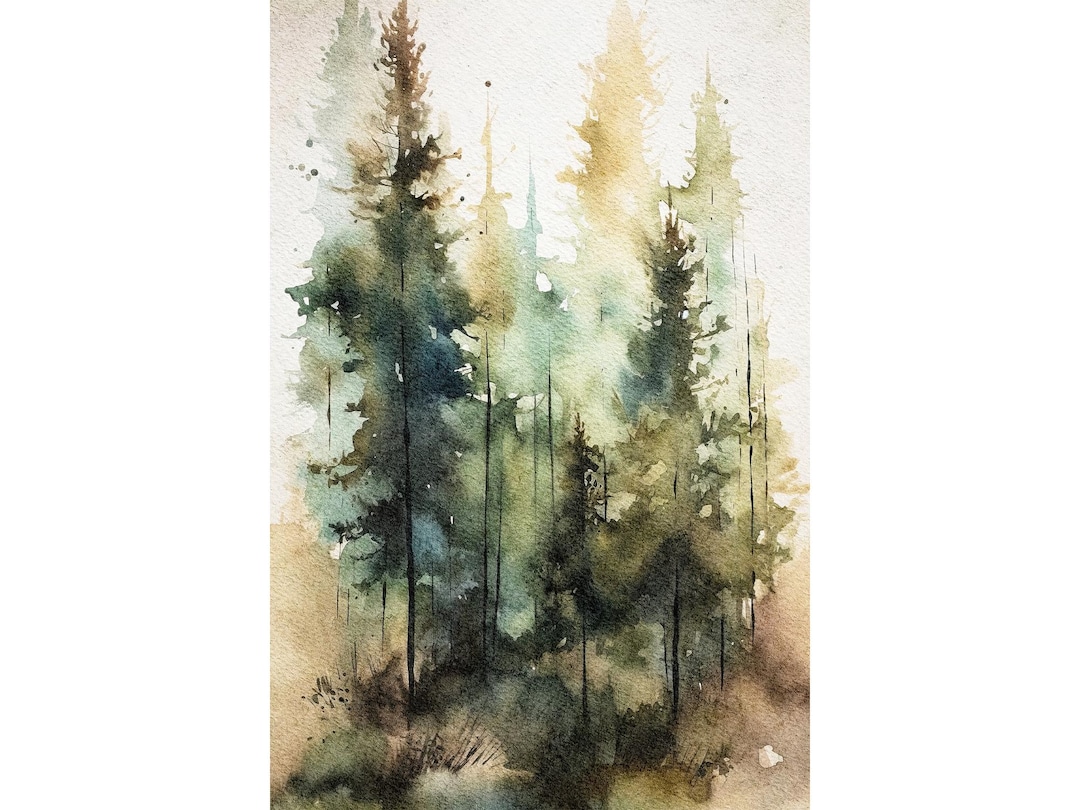 Pine Forest Painting Landscape Watercolor Pine Trees Art Print Misty ...