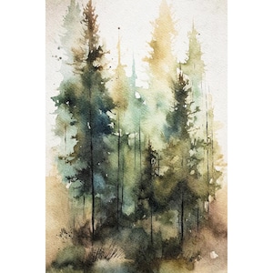 Pinienwald Malerei Landschaft Aquarell Pinien Bäume Art Print Misty Forest Wall Art Pines Kunstwerk