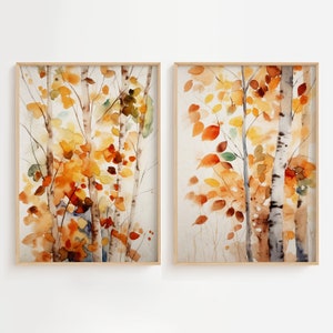 Fall Birch Watercolor Set of 2 Prints Aspens Wall Art Autumn Landscape Fall Leaves Artwork