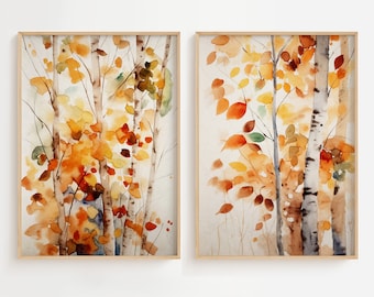 Fall Birch Watercolor Set of 2 Prints Aspens Wall Art Autumn Landscape Fall Leaves Artwork