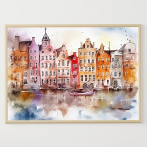 Amsterdam Cityscape Watercolor Print Netherlands Town Painting Europe Travel Poster Holland Wall Art