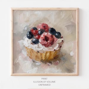 Pintura al óleo de cupcakes de bayas, postre, arte de pared de cocina, póster de comida, arte en color neutro, impresión de una pintura al óleo original
