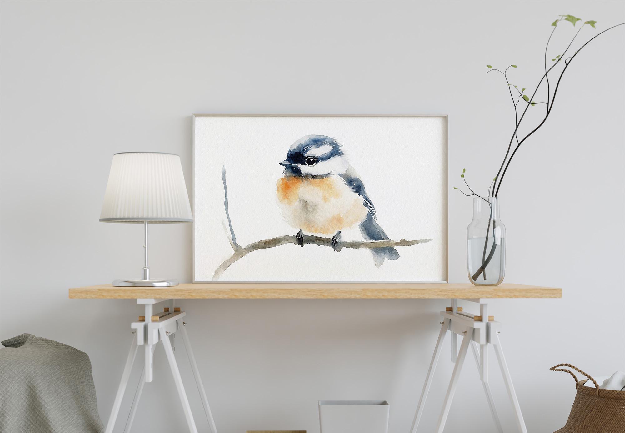 シカディー水彩画：枝に止まる鳥、ミニマルな春の装飾 - Etsy 日本