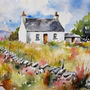 Irish Cottage Watercolor Painting Ireland Landscape County Mayo Art Print Irish Wall Art Farmhouse Wall Decor