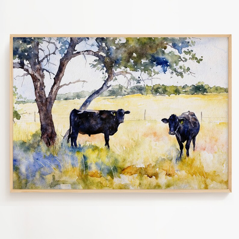 May include: Watercolour painting of two black cows standing in a field with a large tree in the background.