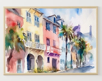 Rainbow Row Painting Charleston Cityscape Poster South Carolina Watercolor Print
