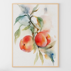 Peach Painting Fruits Watercolor Kitchen Wall Art Fruit Branch Art Print Botanical Poster