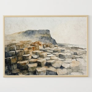 ジャイアンツ・コーズウェイの水彩画アートプリント 北アイルランドの絵画 アントリム州 ウォールアート アイルランドの新築祝いギフト