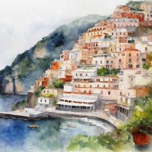 Positano Aquarell Druck: Amalfiküste Italienische Stadtansicht
