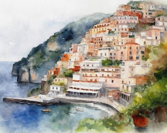 Akvarellkonsttryck i Positano, Amalfikusten, Italiensk stadsbild