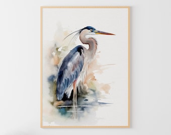 Great Blue Heron Watercolor Painting Heron Bird Art Print Coastal Bird Poster Nautical Bird Wall Art