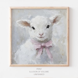 May include: A white lamb with a pink bow, painted in a realistic style. The lamb is looking directly at the viewer with a sweet expression. The background is a soft, light grey.