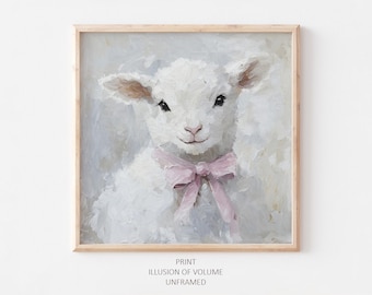 Lamb Oil Painting Print, Pink Bow Artwork, Kids Room Wall Art
