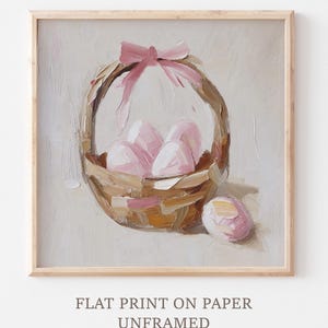 Stampa a olio di un cestino pasquale: uova rosa, decorazione murale con fiocco Coquette