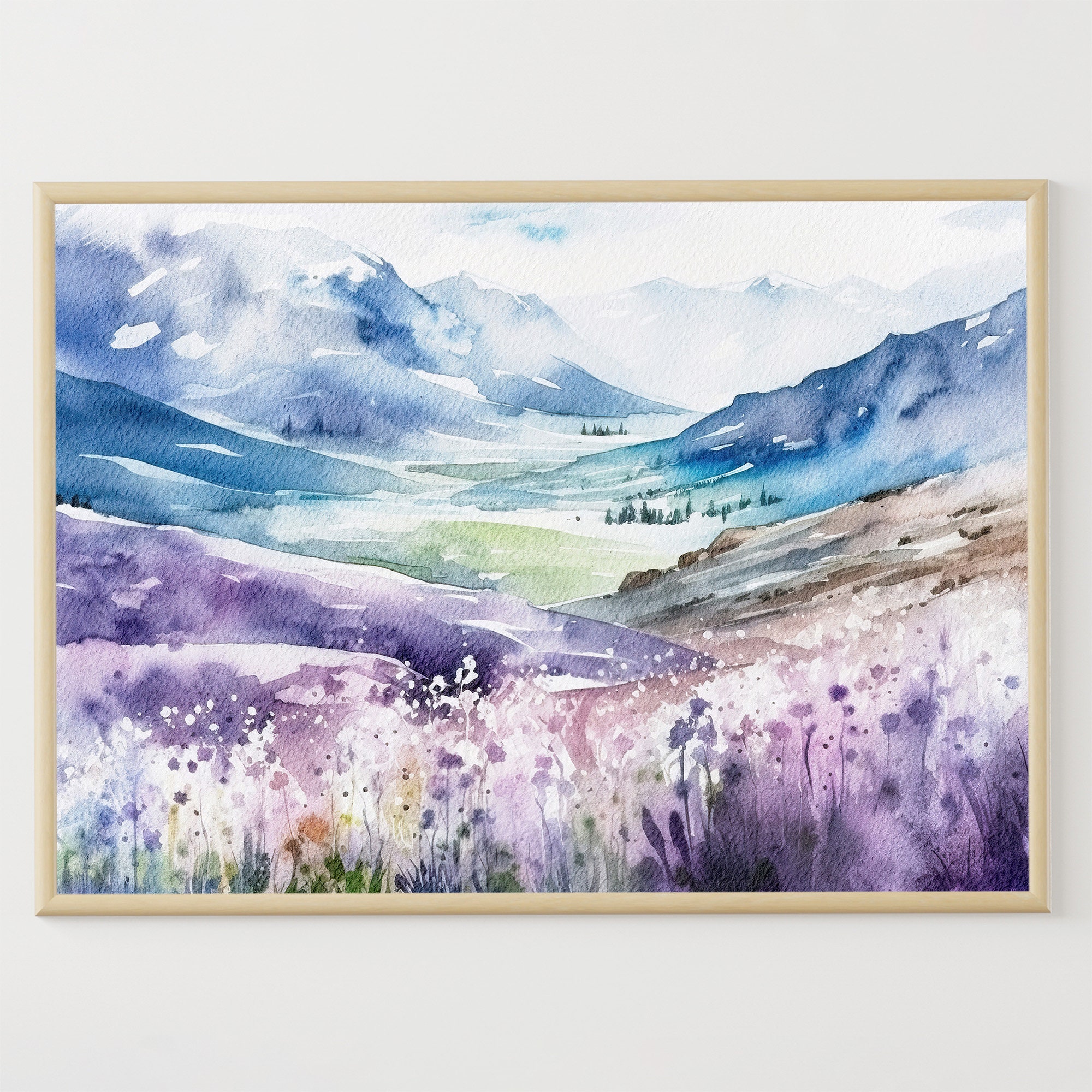 アルプスの絵画 山の谷 水彩画 アルプスの草原の風景 スイスアルプス